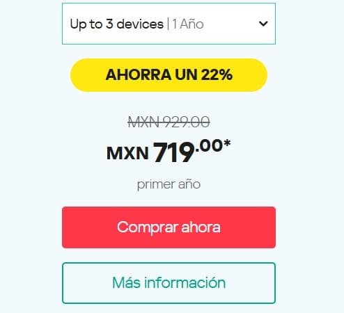 Paso 1: En la página de Kaspersky compara los planes disponibles
