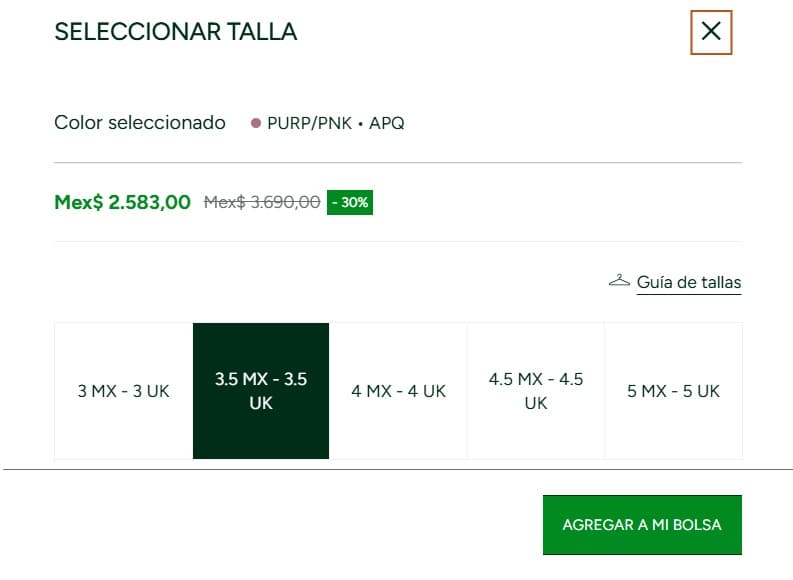 Paso 2: Selecciona la talla de tu artículo