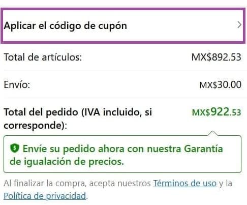 Paso 6: Ubica la opción "Aplicar el código de cupón"; selecciona