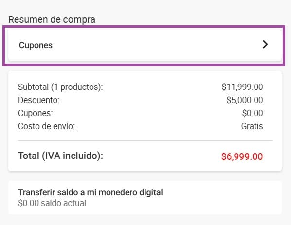 Paso 2: En el Resumen de Compra verás la opción “Cupones”