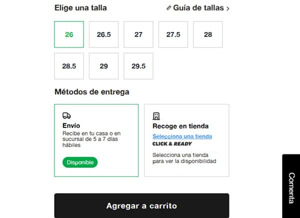 Paso 2: Elige talla, color, método de entrega
