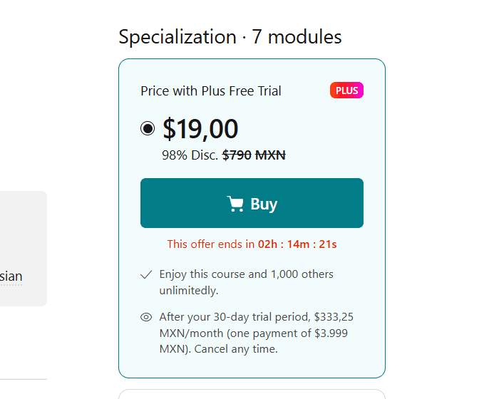 Paso 2: Verás la descripción del curso, la oferta disponible