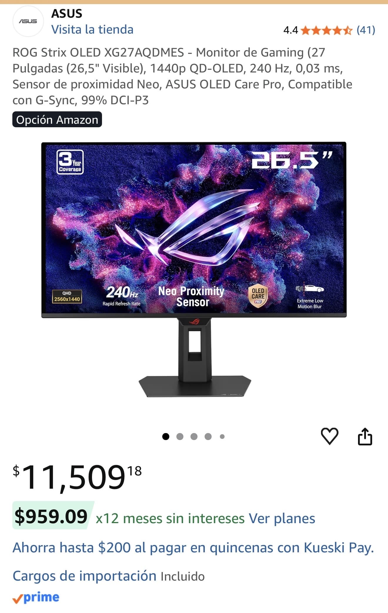 Monitor ROG Strix OLED de 27'' 1440p y 240Hz con sensor de proximidad