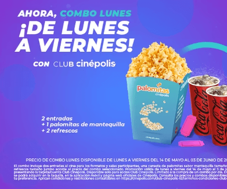 Cinépolis: Combo lunes con 2 refrescos jumbo + palomitas + 2 entradas desde $245