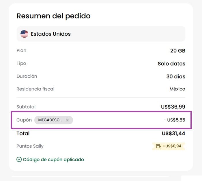 Paso 6: Listo, verás el cupón Saily aplicado