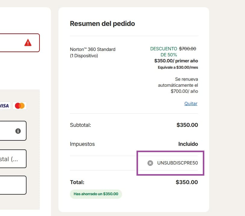Paso 5: En el resumen de pago verás el código agregado a tu orden