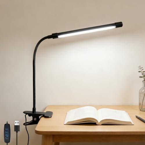 Lámpara de Escritorio LED con Pinza, Cuello Flexible 360°, 3 Modos Color y 10 Niveles Brillo, 54 LEDs Luz USB, Protección Ocular para Home Office, Estudio, Lectura y Manualidades