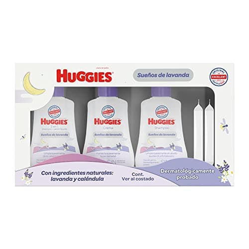 Huggies Sueños de Lavanda, Kit de Viaje para Bebé con 2 Jabones en Barra de 25 gr, 1 Shampoo de 100 ml, 1 Crema de 100 ml y 1 botella 2 en 1 Shampoo con jabón líquido de 100 ml