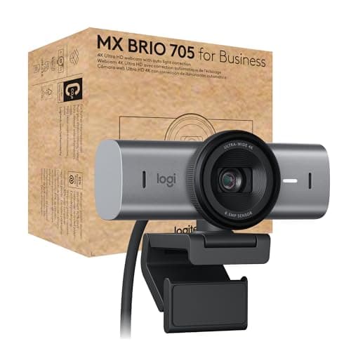 Logitech MX Brio 705 Webcam 4K HD for Business con corrección automática de luz, Ultra HD, Encuadre automático, Modo de demostración, USB-C, Funciona con Microsoft Teams, Zoom, Google Meet