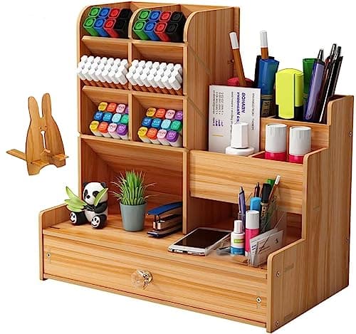 MHKBD Organizador de Escritorio, Soporte de Lápiz, Organizador de Accesorios de Escritorio, Organizador de Artículos de Arte con Cajón, Adecuado para su uso en oficinas y hogares (Marrón Grande)