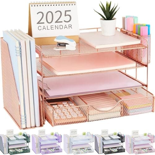 Gianotter Organizadores de computadora y accesorios con soporte para archivos, accesorios de computadora de 4 niveles y organizadores de espacio de trabajo con cajón y 2 soportes para bolígrafos