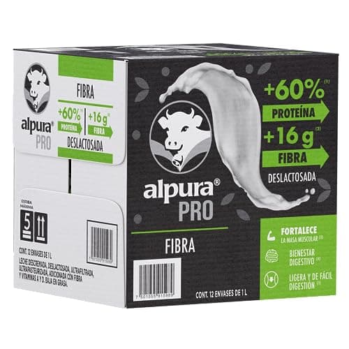 Alpura Pro Leche con Extra Proteína y Fibra en Paquete de 12 piezas de 1 Litro cada una, Fuente de proteína y Fibra, baja en grasa, adicionada con Vitaminas A y D.