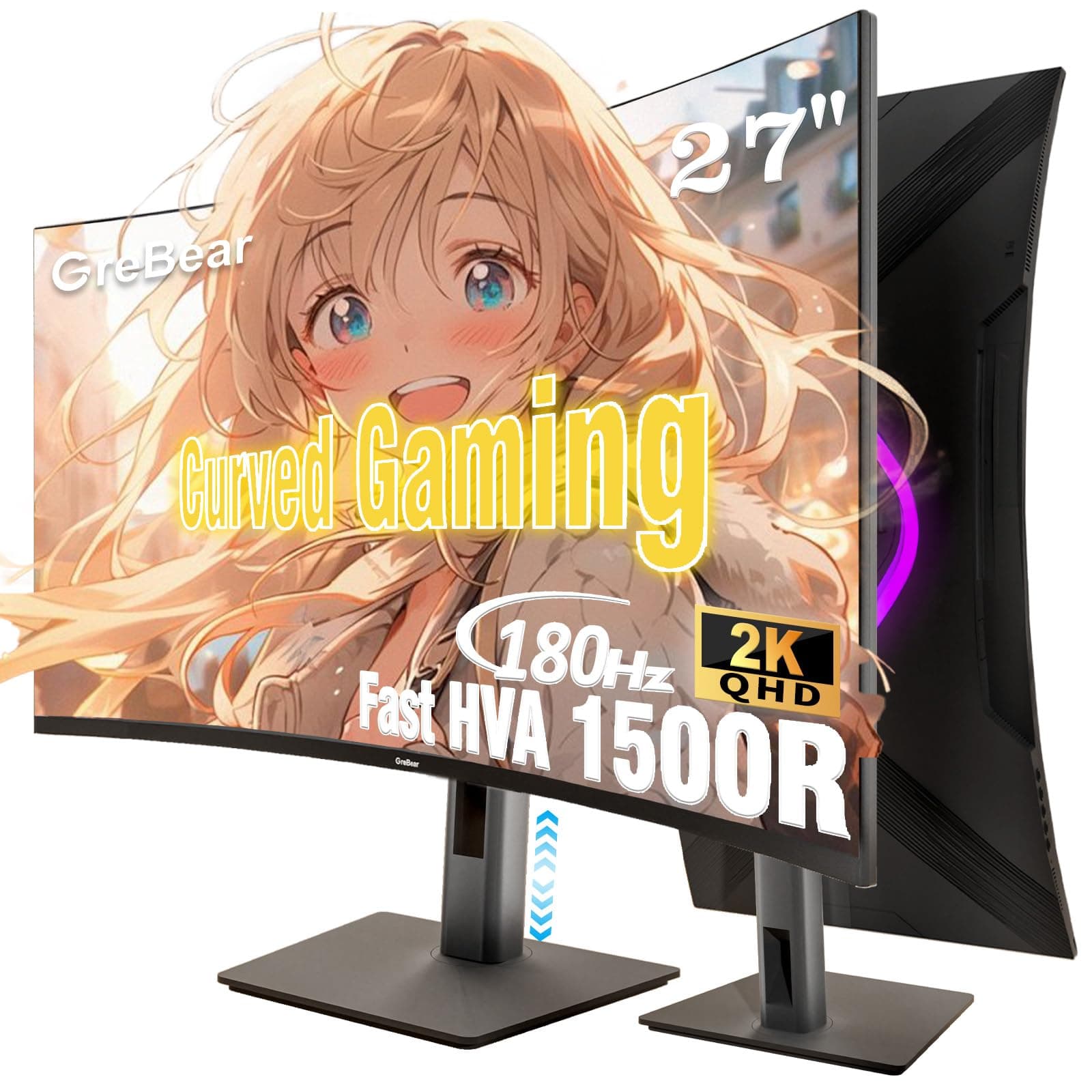 Monitor Curvo GreBear de 27" 180 Hz QHD 2560 x 1440p Ajustable