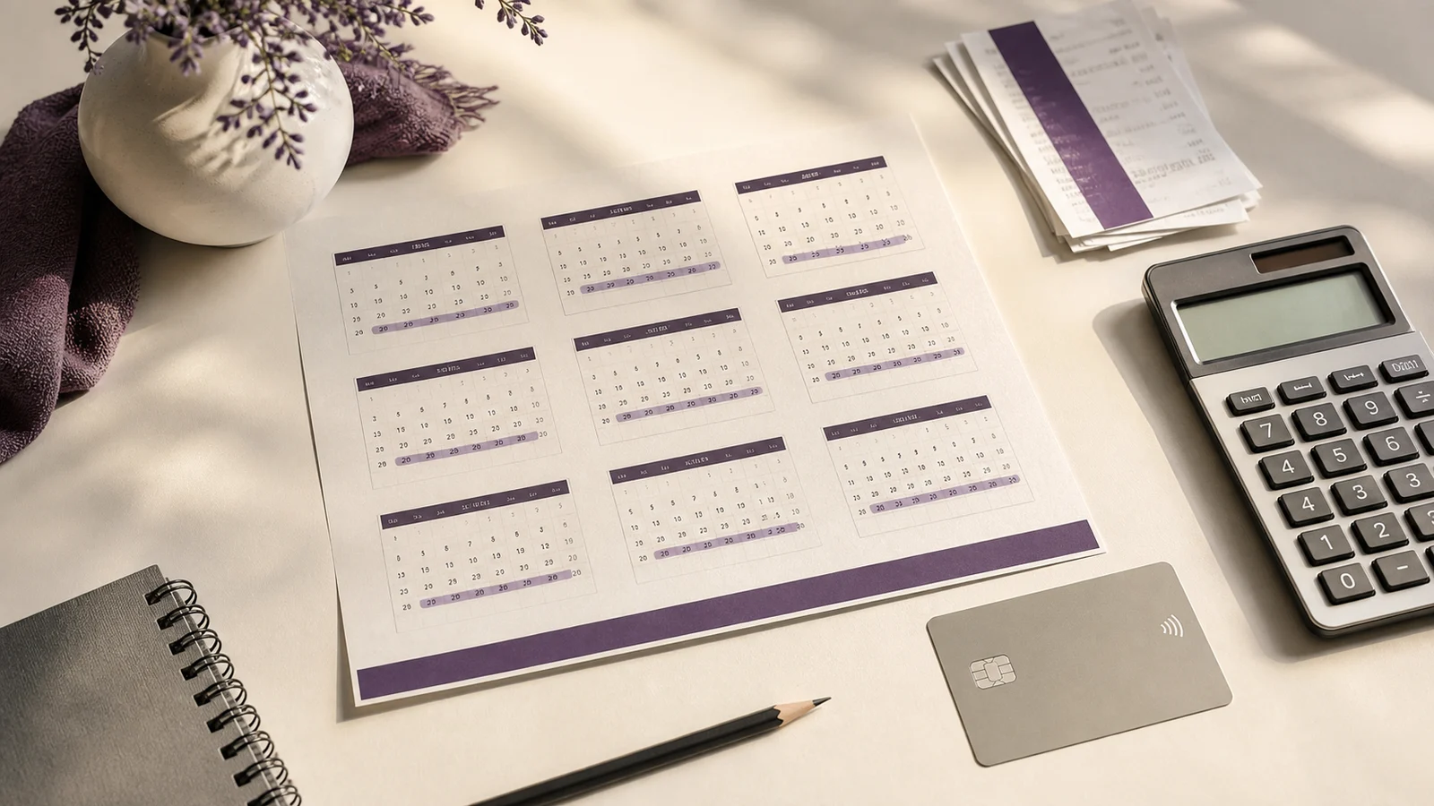 Tarjeta de crédito, calendario mensual y recibos utilizados para planificar una compra a meses sin intereses
